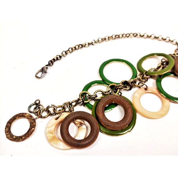 VTG Gold Tone Hammered Disc Ring Earth Tones Marble Green 7" Bracelet - Picture 5 of 7